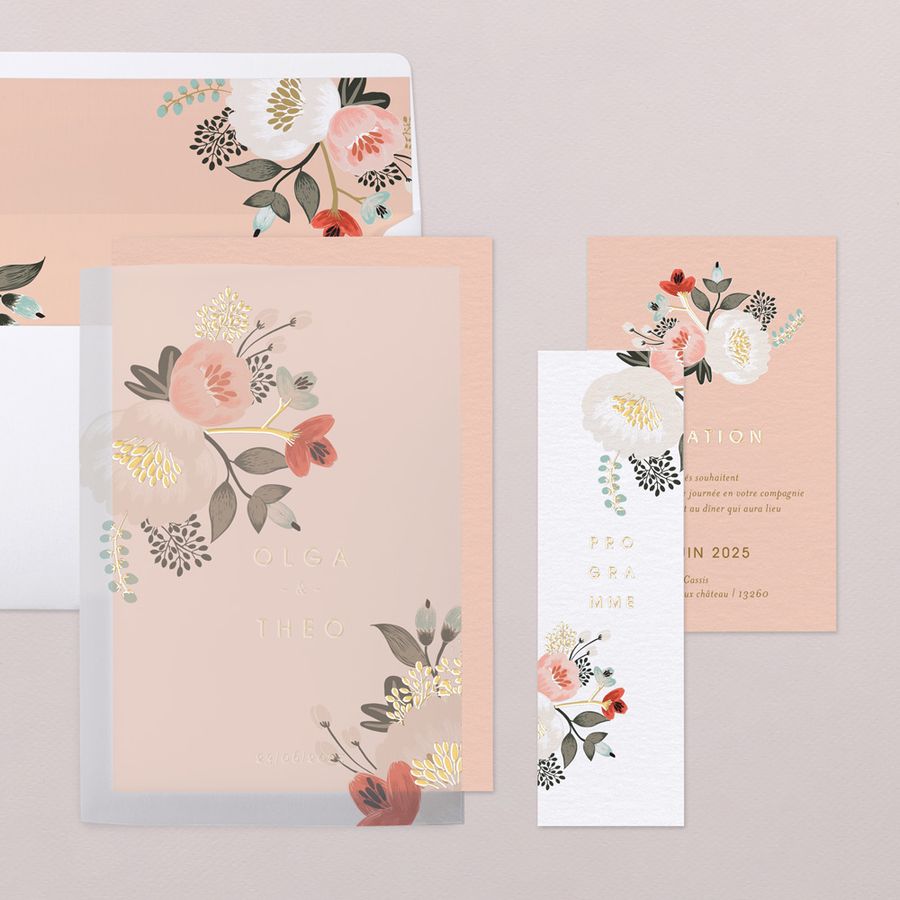 Papeterie de mariage rose avec des fleurs