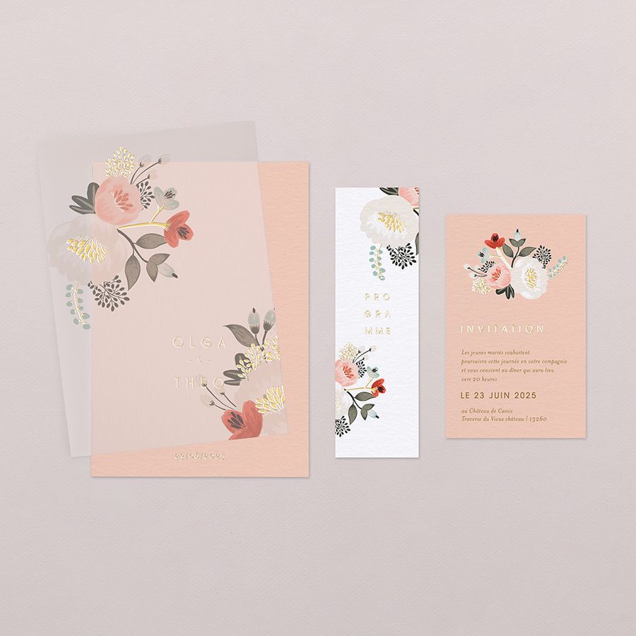 Papeterie de mariage rose avec des fleurs