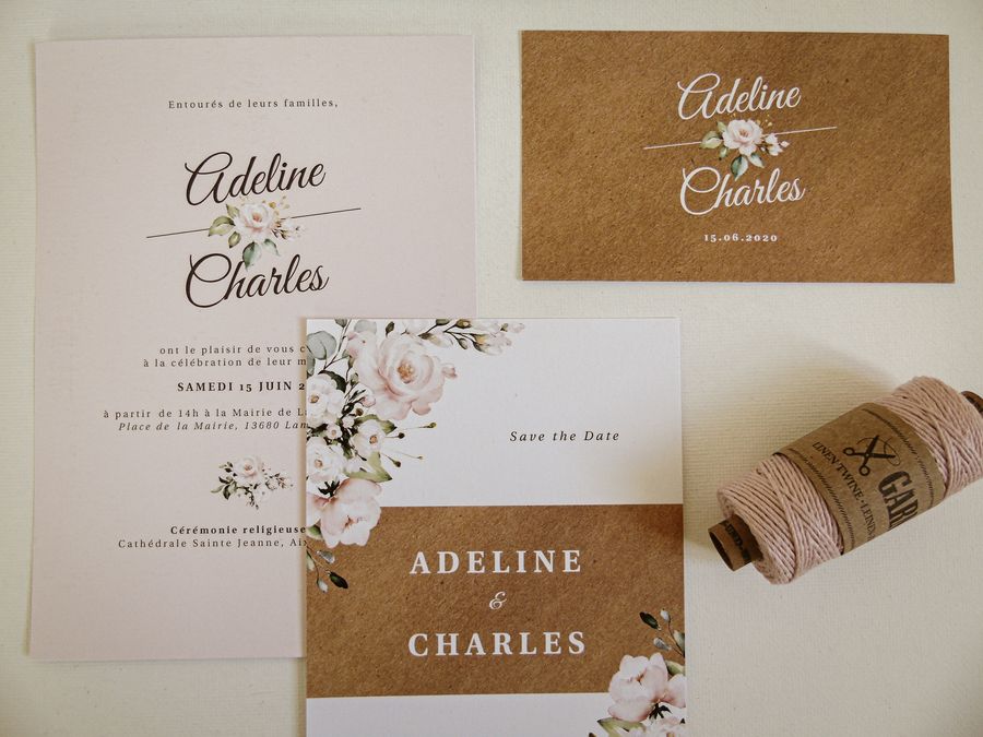 Papeterie de mariage fleurs et kraft