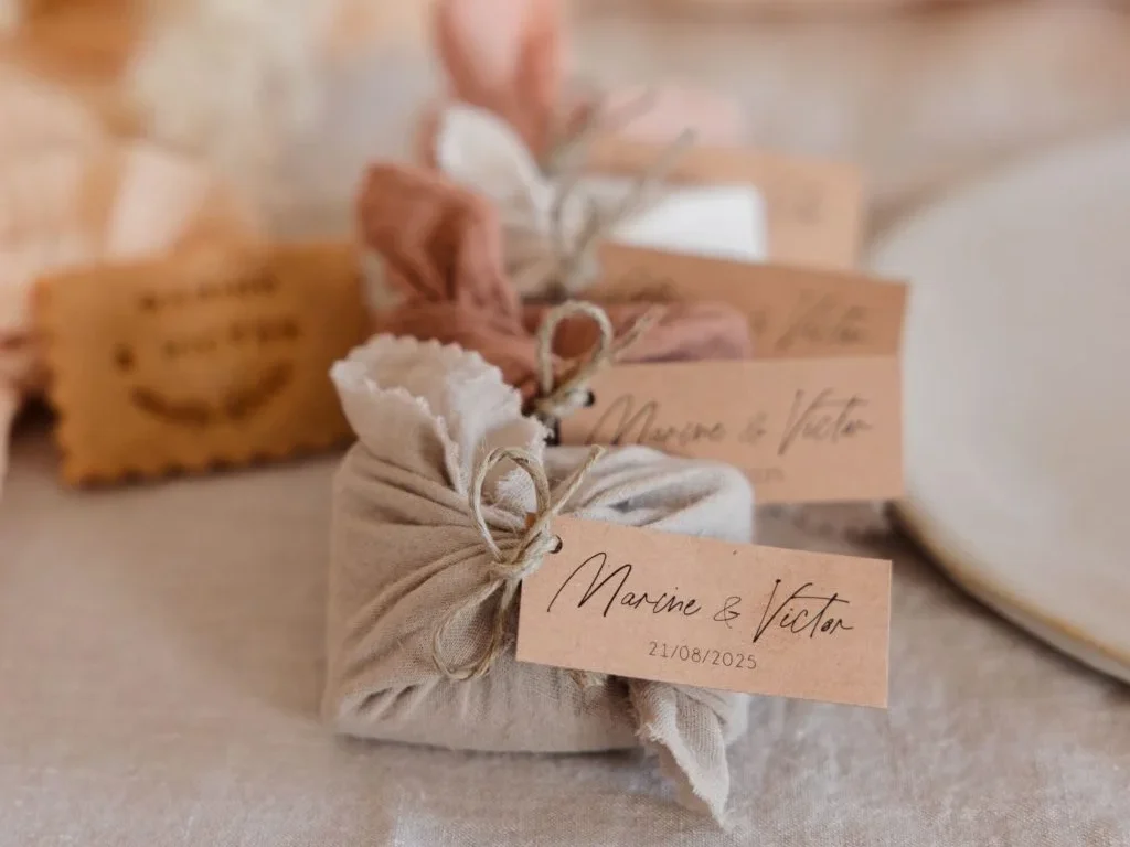 Idées cadeaux invités de mariage : biscuits emballés dans du tissu Merci Coco